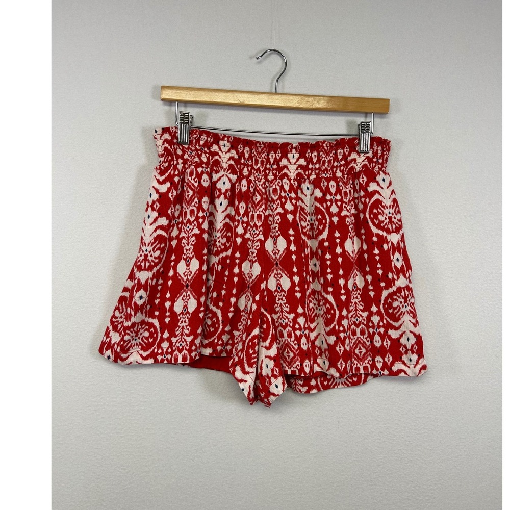 Boho Ikat Knox Rose‎ Womens Medium Red Smocked Waist Wide Leg Flowy Shorts